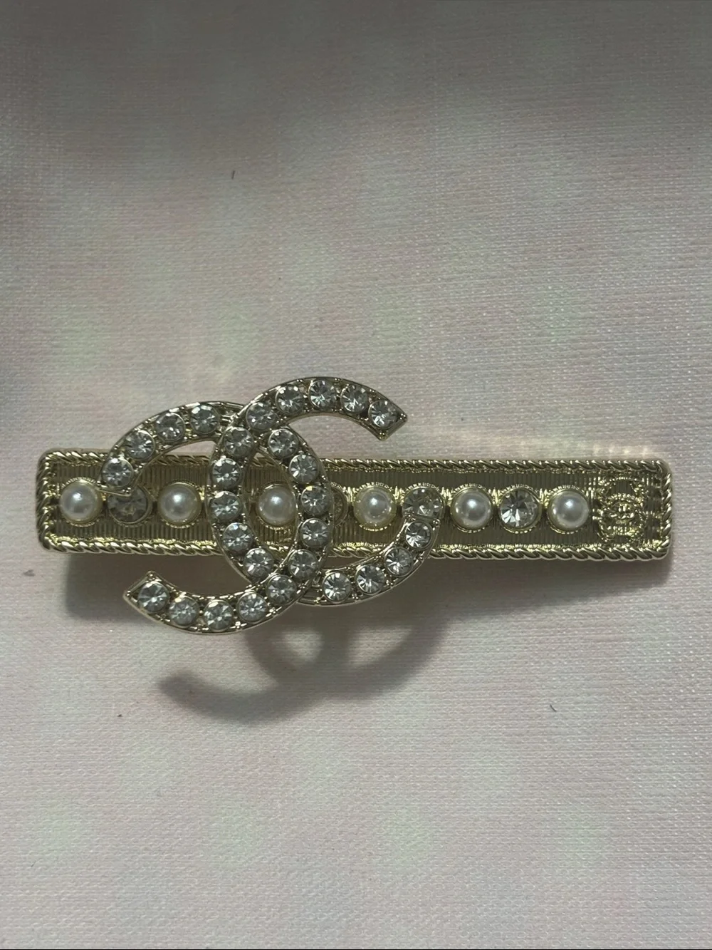 CHANEL Gold-Tone Crystal & Pearl Double C Logo Hair Barrette